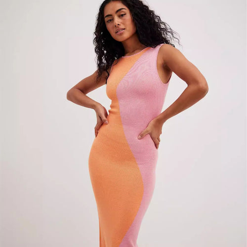 Damen figurbetontes Maxi-Kleid mit modischem Farbblockdesign EB