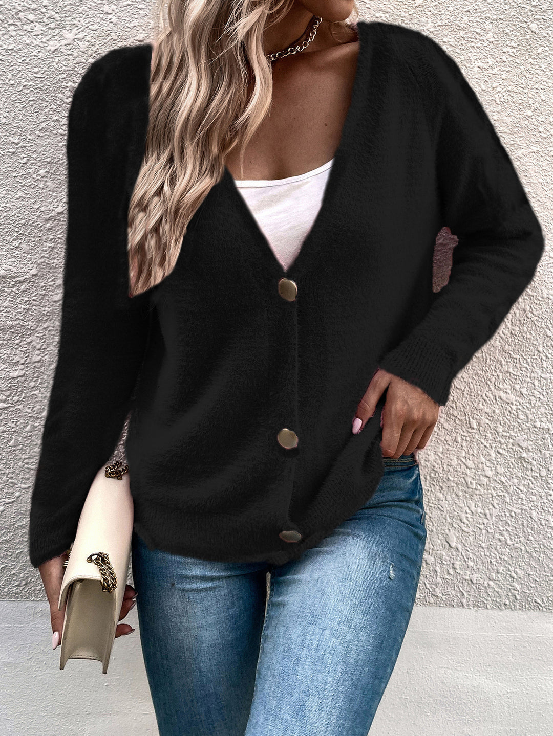 Damen kuschelige V-Knopfstrickjacke aus weichem Material EB