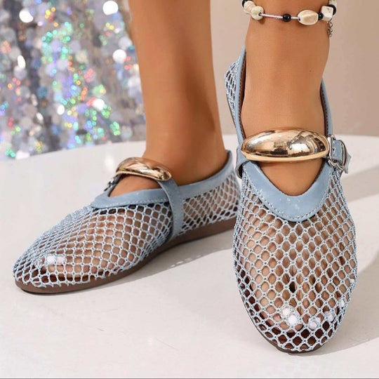 Damen atmungsaktive Mesh-Ballerinas mit dekorativen Schnallen und rutschfester Sohle EB