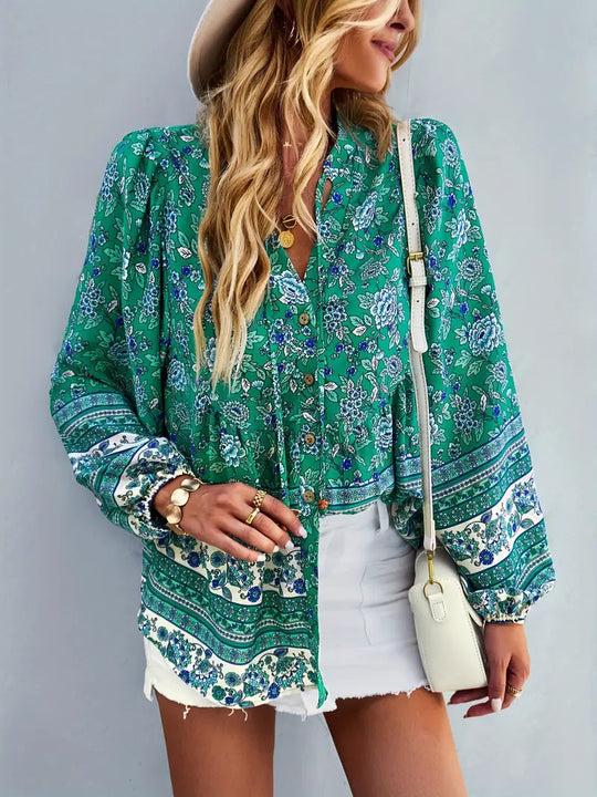 Damen Blusentop mit buntem Blumenmuster und Volantärmeln EB