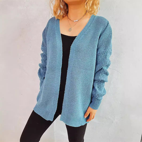 Damen lässige Strickjacke mit voluminösen Ärmeln und modernem Strukturmuster EB