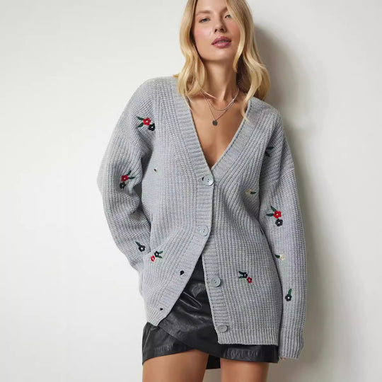 Damen Strickcardigan mit floralen Stickereien EB