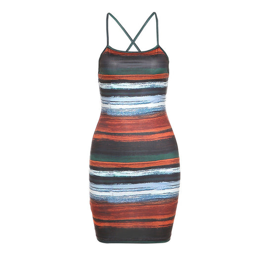 Damen Bodycon Kleid mit verführerischem Streifenmuster und feinen Spaghettiträgern EB