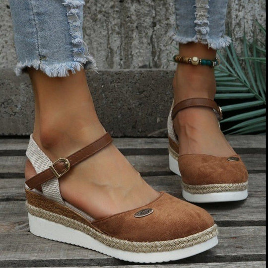 Damen Wedgesandalen mit elastischem Riemen und Jute-Applikation EB