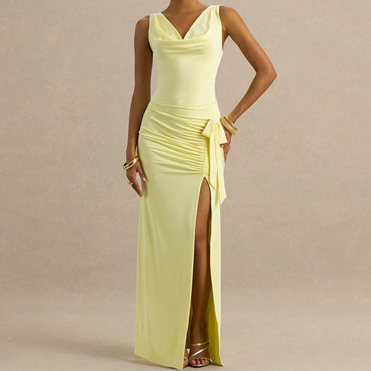 Damen Elegantes Maxikleid mit tiefem V-Ausschnitt und seitlicher Raffung EB