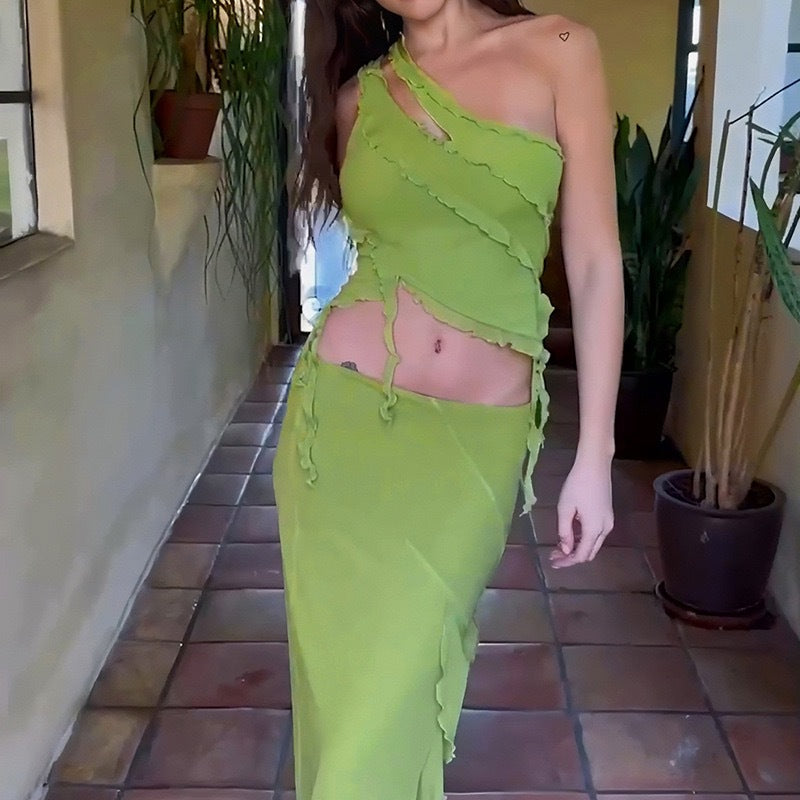 Damen hochgeschlossenes Maxikleid mit asymmetrischem Rüschendesign und eleganter Drapierung EB