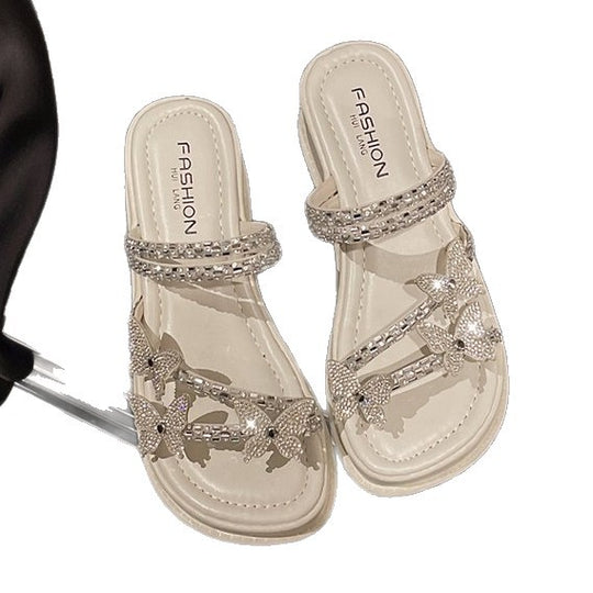 Damen glamouröse Riemensandalen mit funkelnden Schmetterlingsapplikationen EB