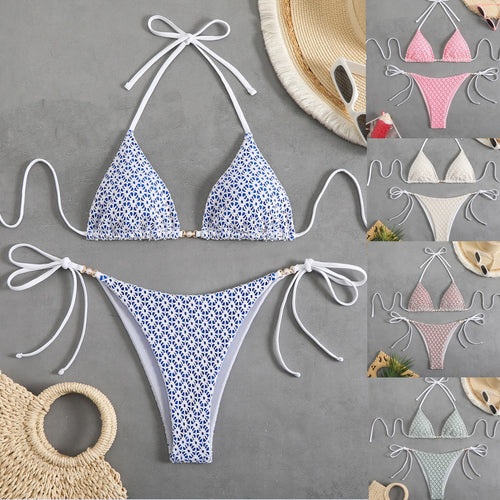 Damen Triangel-Bikini mit filigranem Blumendesign und charmanten Schleifen EB