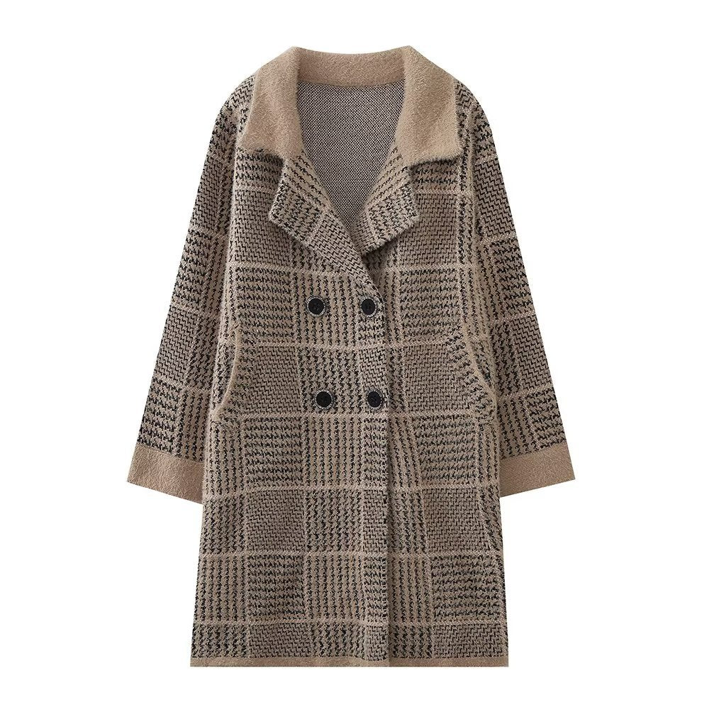 Damen modische Übergangsjacke mit strukturiertem Karomuster und eleganter Knopfleiste EB