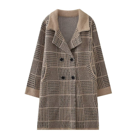 Damen modische Übergangsjacke mit strukturiertem Karomuster und eleganter Knopfleiste EB