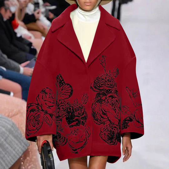 Damen Oversized Wollmix-Mantel mit floraler Print- und Stickerei-Optik EB