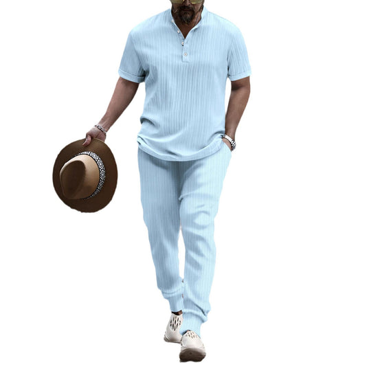 Herren nan kurzärmeliges Henley-Polo mit Stehkragen, feiner Längsripp-Struktur und entspanntem Relax-Fit EB