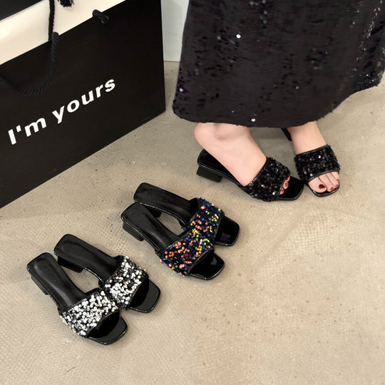 Damen elegante Mules mit funkelnden Pailletten EB