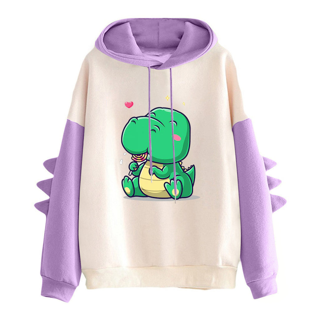 Damen nan Kapuzenpullover mit niedlichem Dinosaurierprint, kuscheligem Innenfutter und dreidimensionalen Ärmeldetails EB