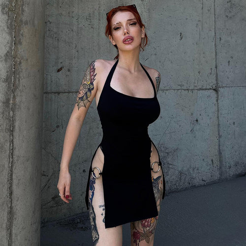 Damen sexy und modisches Halterkleid mit offenen Seiten und Ringelementen EB