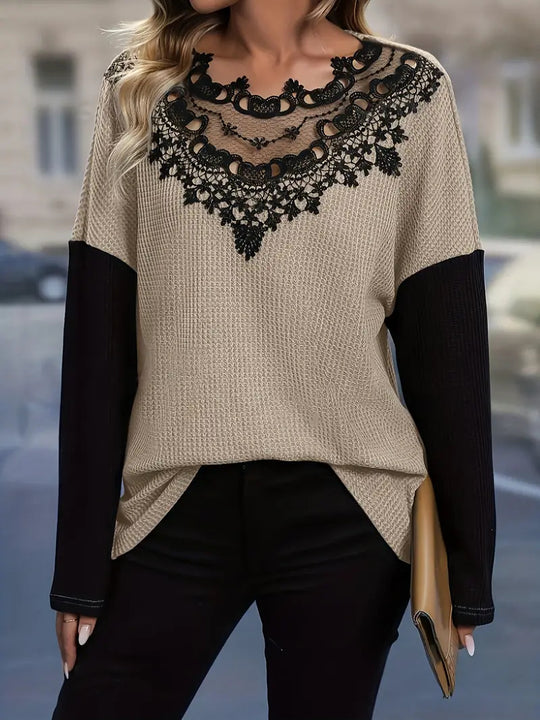 Damen Elegantes Strickoberteil mit gehäkeltem Spitzenkragen EB