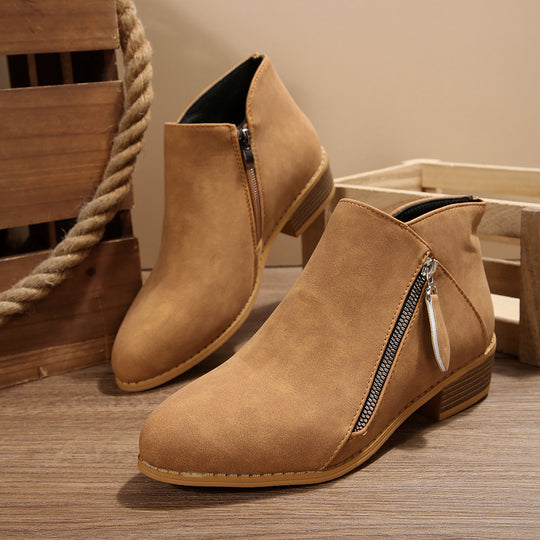 Damen Modische Stiefeletten mit seitlichem Reißverschluss und bequemem Blockabsatz EB
