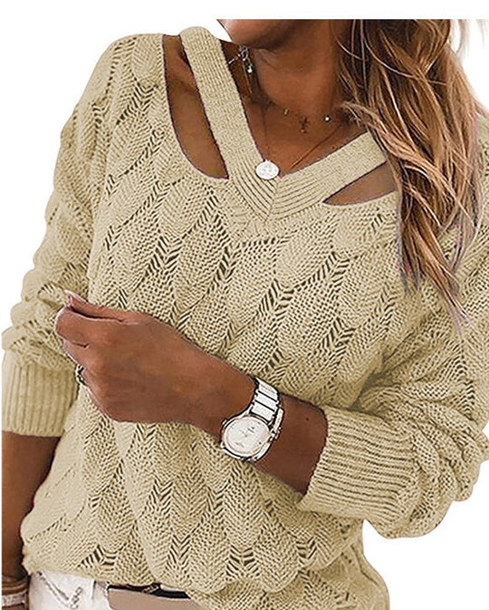 Damen Strickpullover mit V-Ausschnitt und raffiniertem Rippstruktur EB