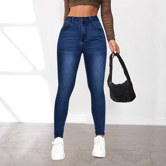 Damen High-Waist Skinny Jeans mit angedeuteten Taschen und elastischem Bund EB
