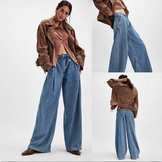 Damen nan hochgeschnittene Denim-Palazzohose mit markanten Bundfalten und extra weitem Bein EB