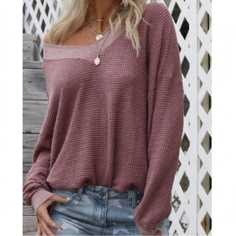 Damen Off‑Shoulder Waffelstrickpullover mit weitem Arm und elastischen Bündchen EB