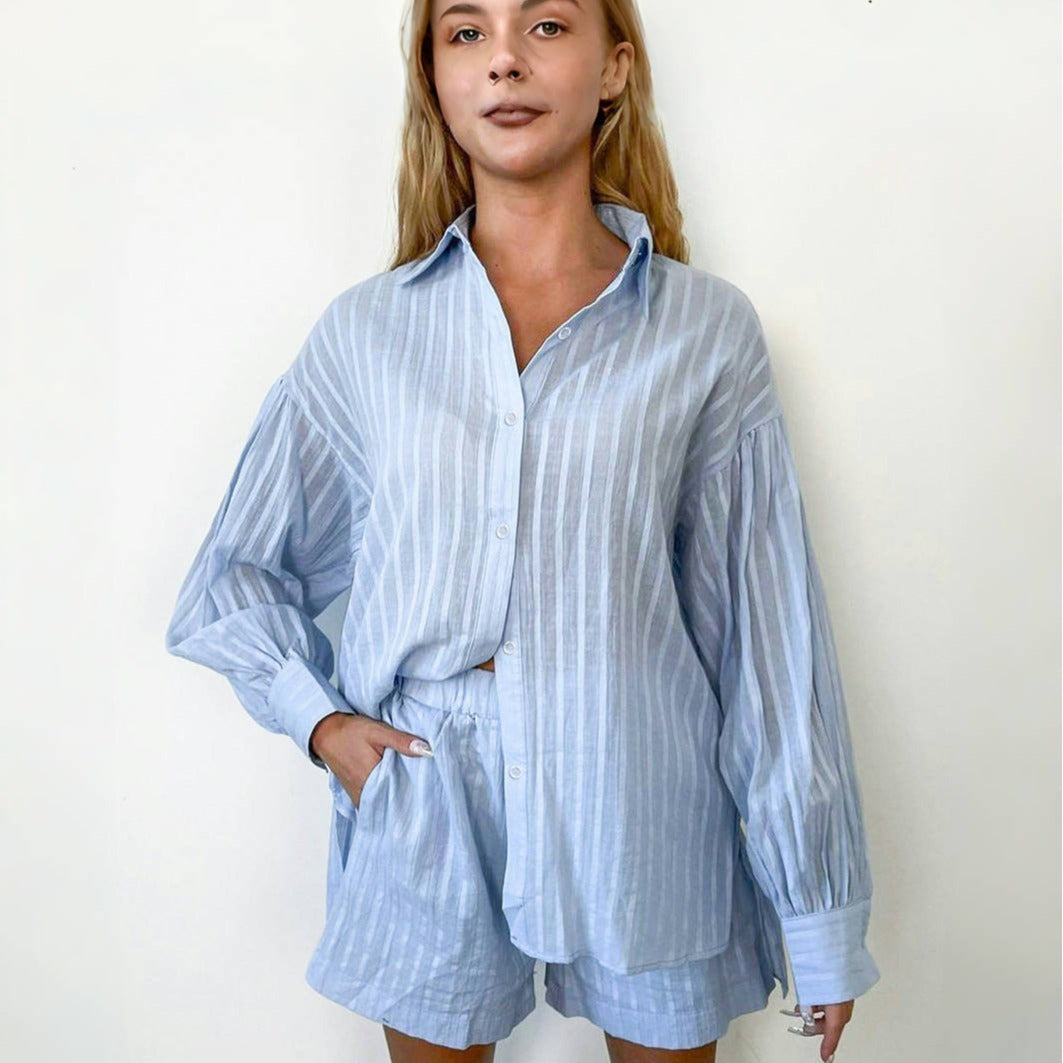 Damen Leichtes Kurzarm-Blusen-Set mit Bund und gestreiftem Design EB