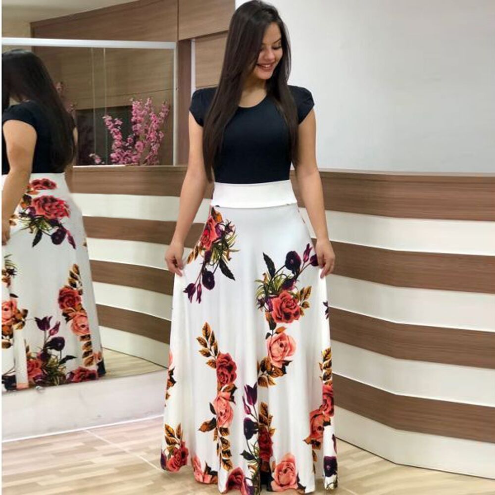 Damen Elegantes Maxikleid mit grafischem Druck und flexiblem Bund EB