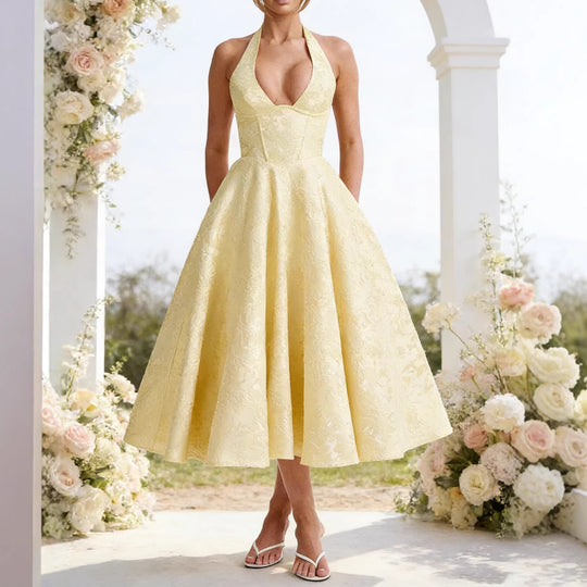 Damen Elegantes Halterneck-Midi-Kleid mit detaillierter Spitzenverarbeitung EB