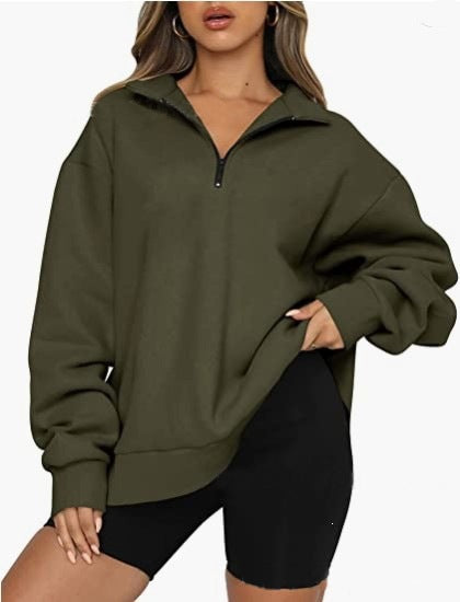 Damen nan oversized Sweatshirt mit halbem Reißverschluss, weichem Fleece-Innenfutter und Kängurutasche EB