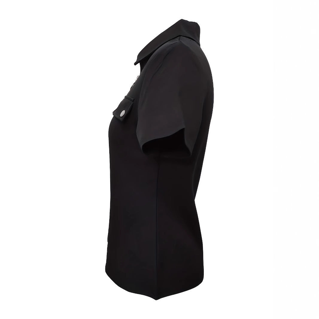 Damen Kurzarm-Bluse mit modischem Reißverschluss und dekorativen Taschen EB