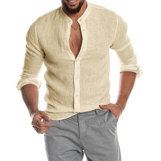 Herren nan Leinenhemd mit Stehkragen, durchgehender Knopfleiste und legerer Slim-Fit-Passform EB