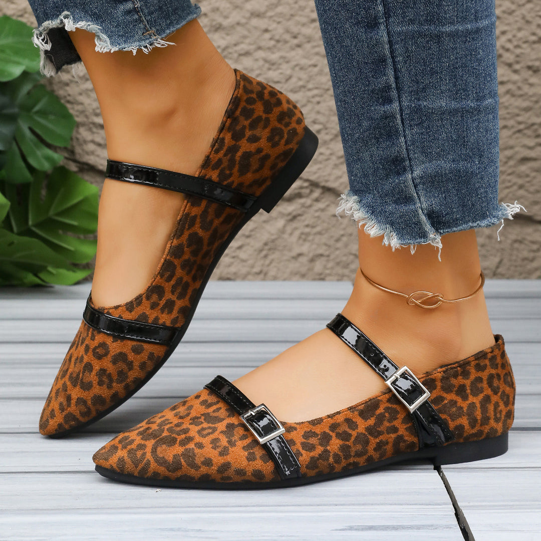 Damen  spitze Slipper im Leopardenmuster mit doppelten Lackriemen und verstellbaren Metallschnallen EB