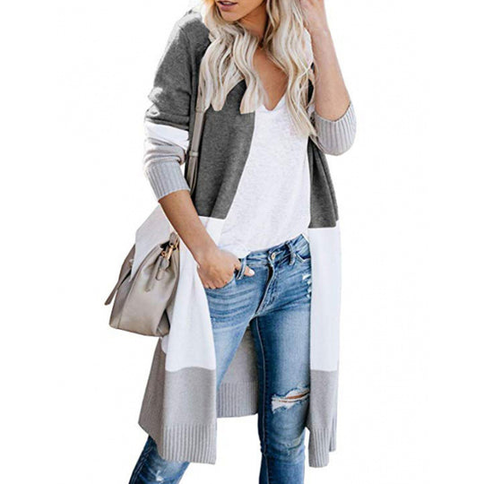 Damen lässiger Strickcardigan mit modernen Farbblockdetails und langen Ärmeln EB