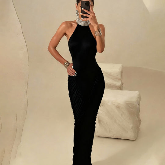Damen Elegantes Maxikleid mit hochgeschlossenem Kragen und auffälligen Raffungselementen EB