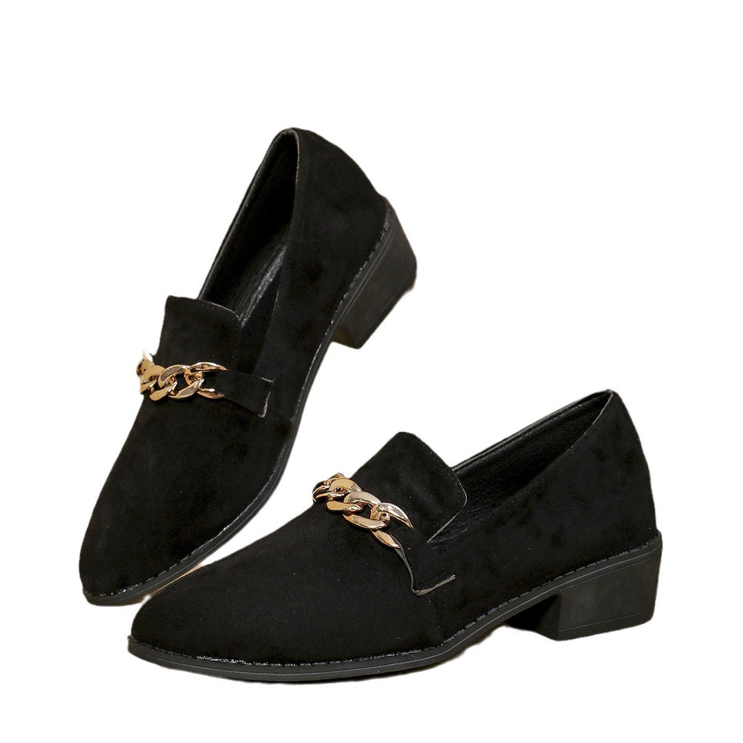 Damen Veloursleder-Loafer mit goldener Kettenapplikation und kleinem Blockabsatz EB