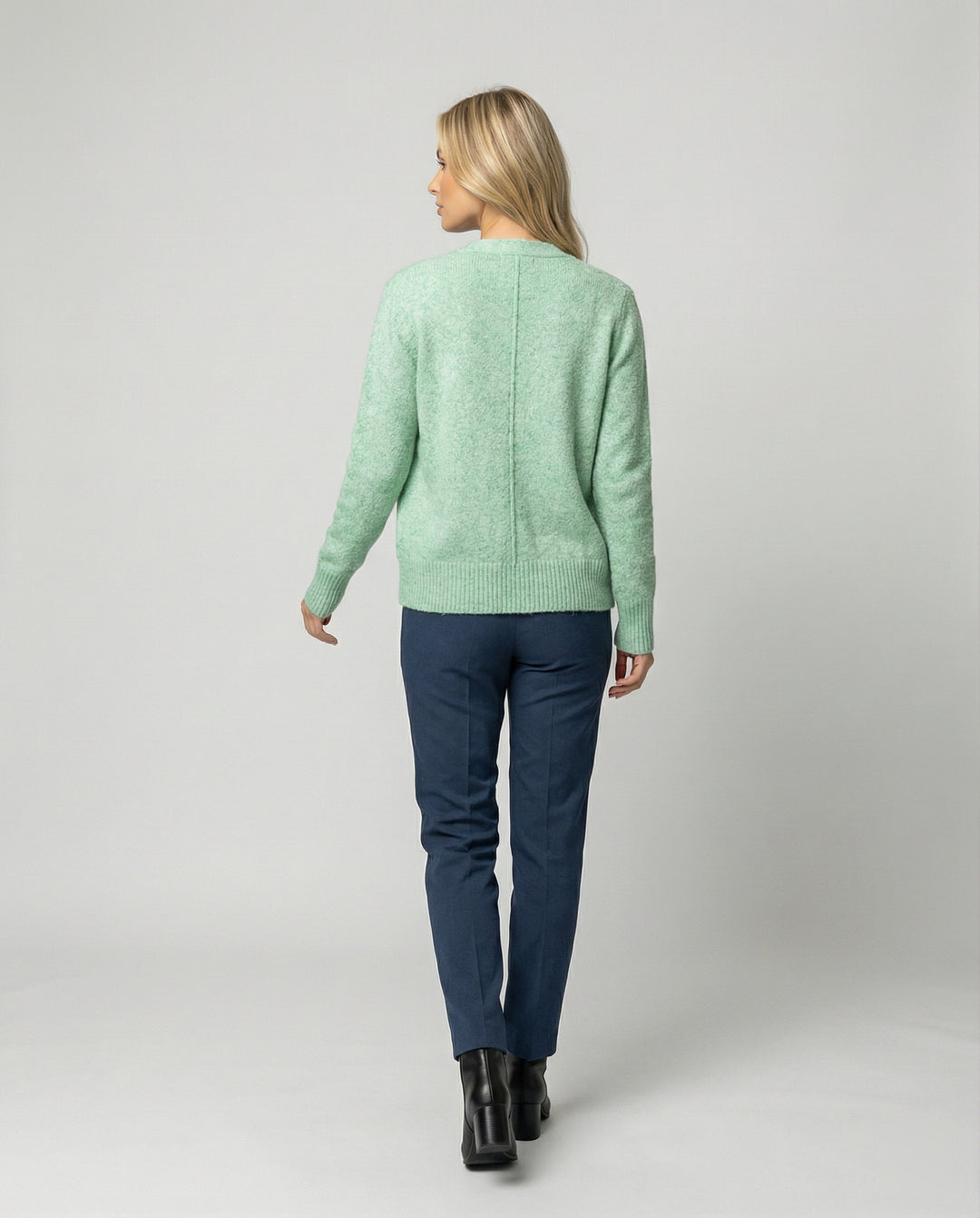 Damen hüftlanger Melange-Feinstrickcardigan mit Perlmuttknopfleiste und gerippten Bündchen EB