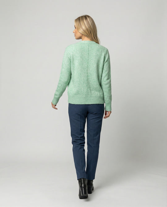 Damen hüftlanger Melange-Feinstrickcardigan mit Perlmuttknopfleiste und gerippten Bündchen EB
