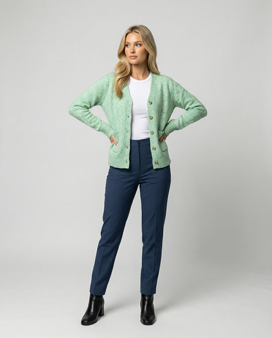 Damen hüftlanger Melange-Feinstrickcardigan mit Perlmuttknopfleiste und gerippten Bündchen EB