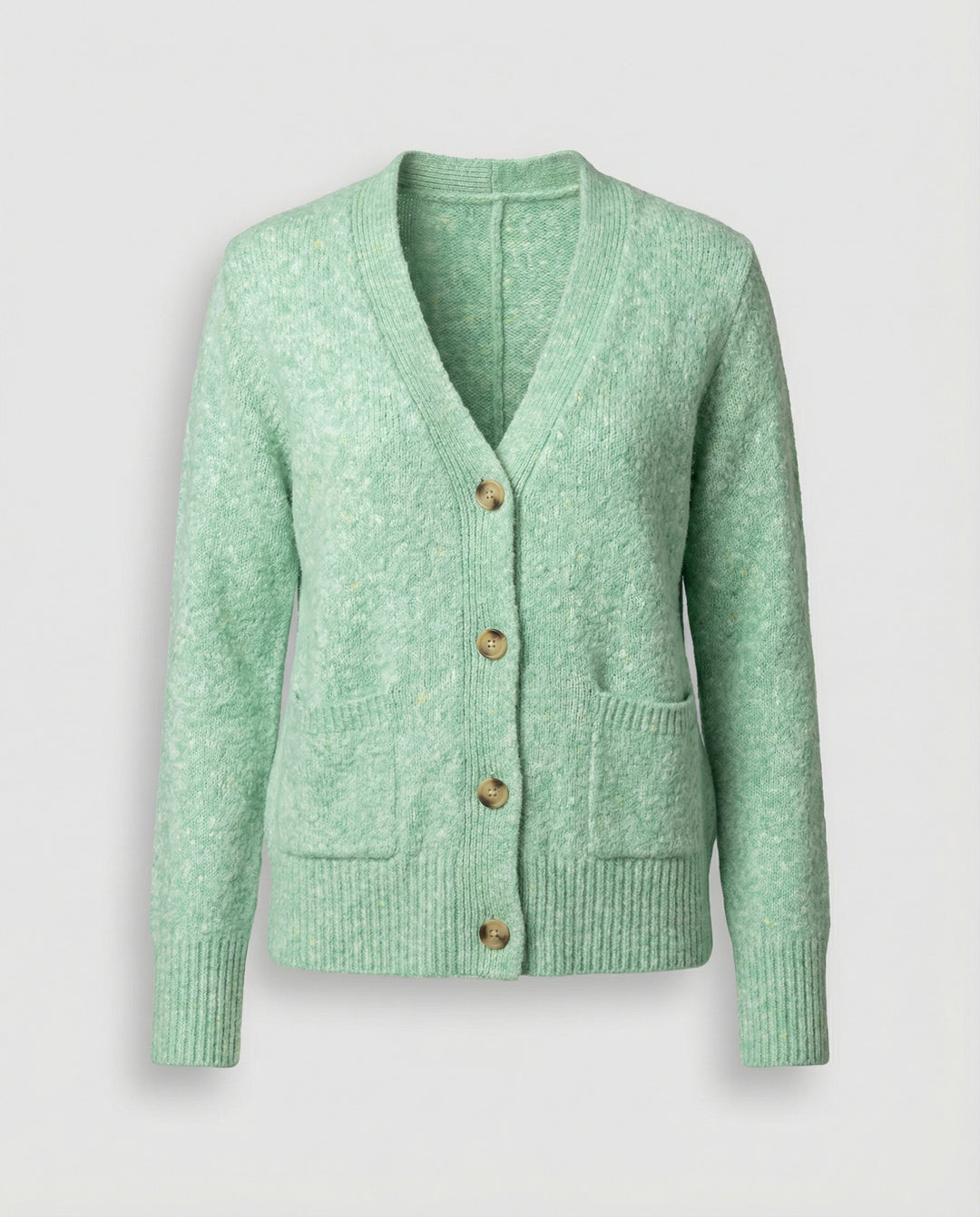 Damen hüftlanger Melange-Feinstrickcardigan mit Perlmuttknopfleiste und gerippten Bündchen EB