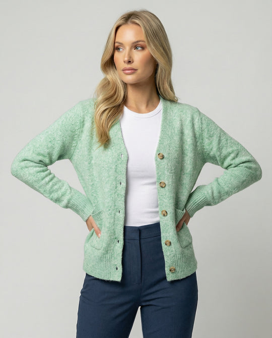 Damen hüftlanger Melange-Feinstrickcardigan mit Perlmuttknopfleiste und gerippten Bündchen EB