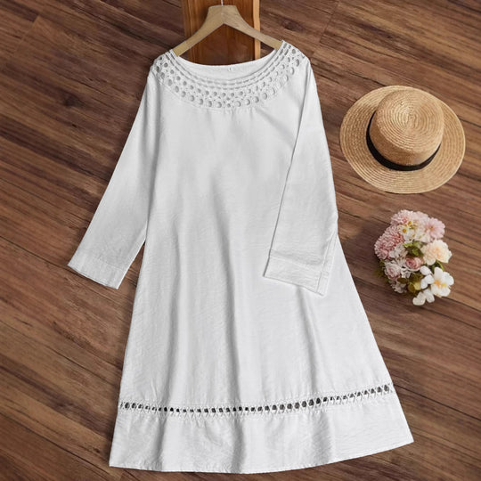 Damen lässiges Sommerkleid mit elegantem Häkelkragen und durchgehendem Schnitt EB