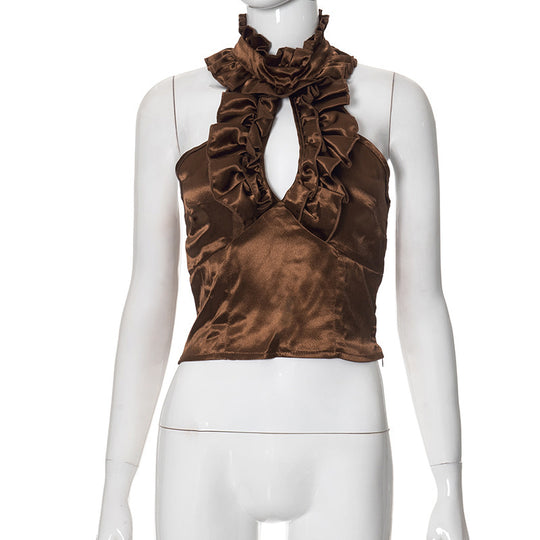 Damen elegantes Top mit rüschendem Stehkragen und tiefem Ausschnitt EB
