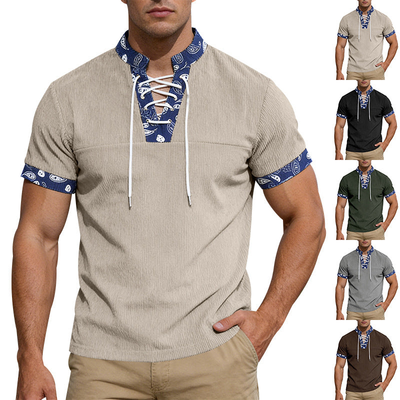 Herren nan Kurzarm-Schnürshirt mit Bandana-Besatz und strukturierter Jerseyqualität EB