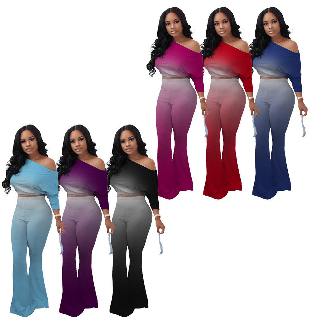 Damen Lässiges Ombre Set mit stilvollem Off-Shoulder Oberteil und figurbetonten Hosen EB