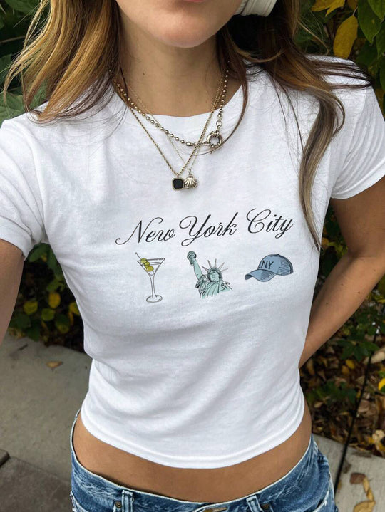 Damen figurbetontes Kurzarm-T-Shirt mit verspieltem Aufdruck EB