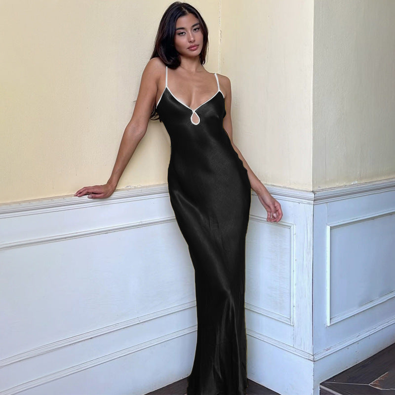Damen Elegantes Satin-Maxikleid mit verstellbaren Spaghettiträgern und tiefem V-Ausschnitt EB