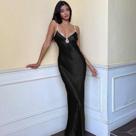Damen Elegantes Satin-Maxikleid mit verstellbaren Spaghettiträgern und tiefem V-Ausschnitt EB