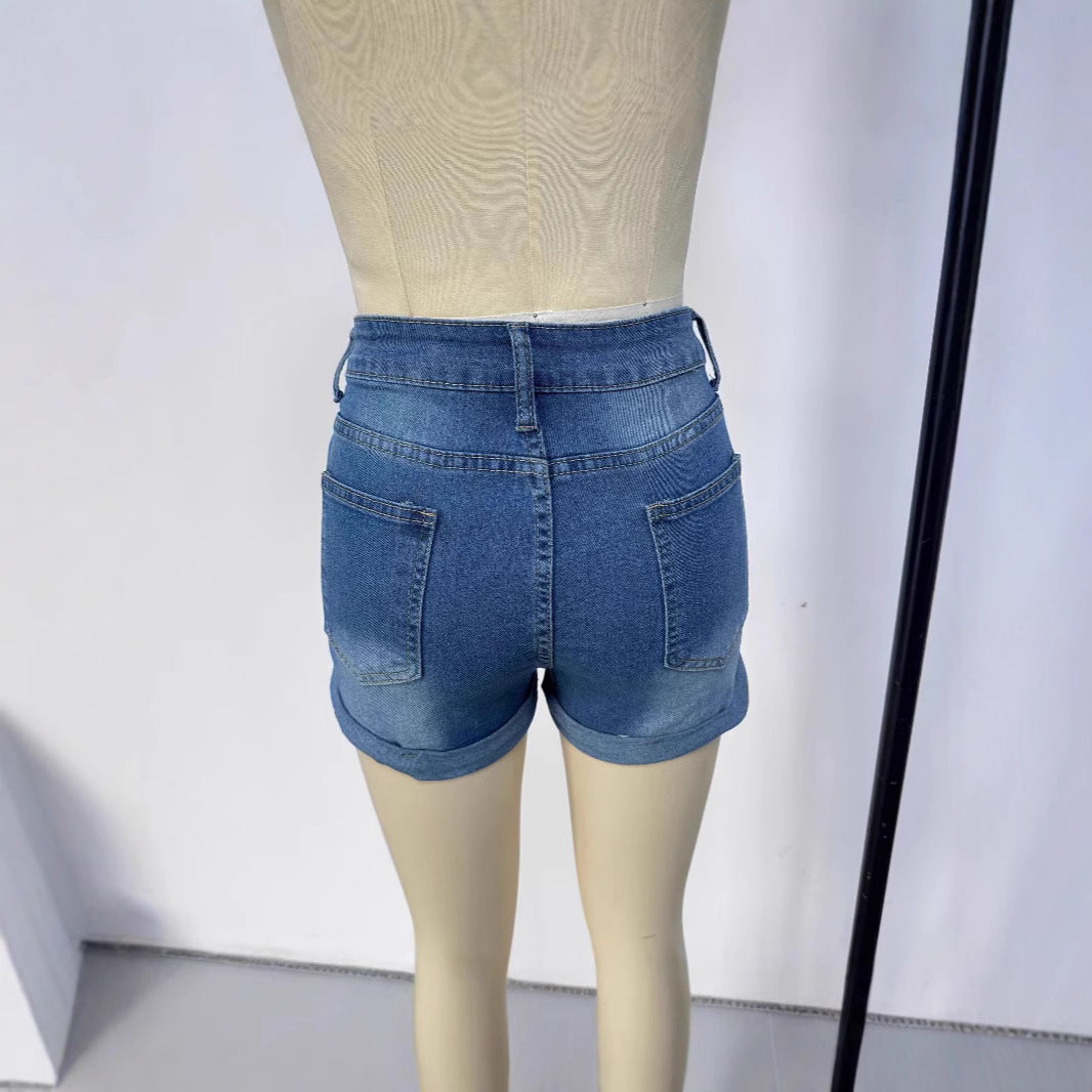 Damen kurze Destroyed Denim-Shorts im lässigen Look mit umgeschlagenen Säumen und stylischen Rissdetails EB