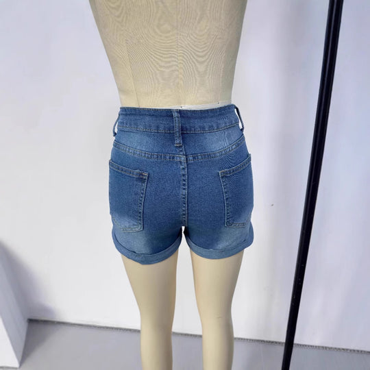 Damen kurze Destroyed Denim-Shorts im lässigen Look mit umgeschlagenen Säumen und stylischen Rissdetails EB
