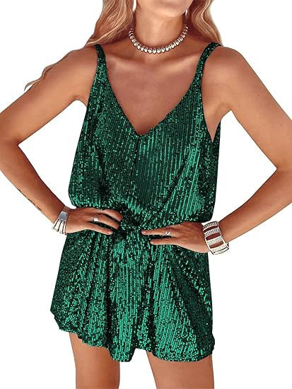 Damen Glitzerndes Jumpsuit mit tiefem V-Ausschnitt und elastischer Taille EB